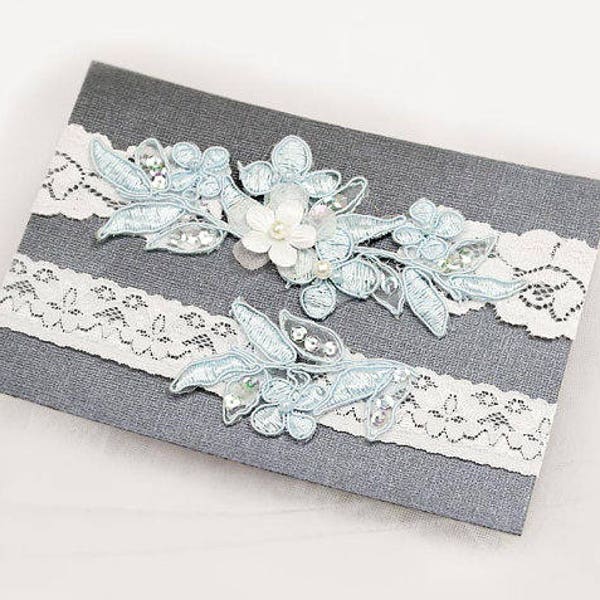 Light Blue Beaded Lace Wedding Garter Set , Keepsake Garter, Toss Garter, Customizable Handmade-GT029