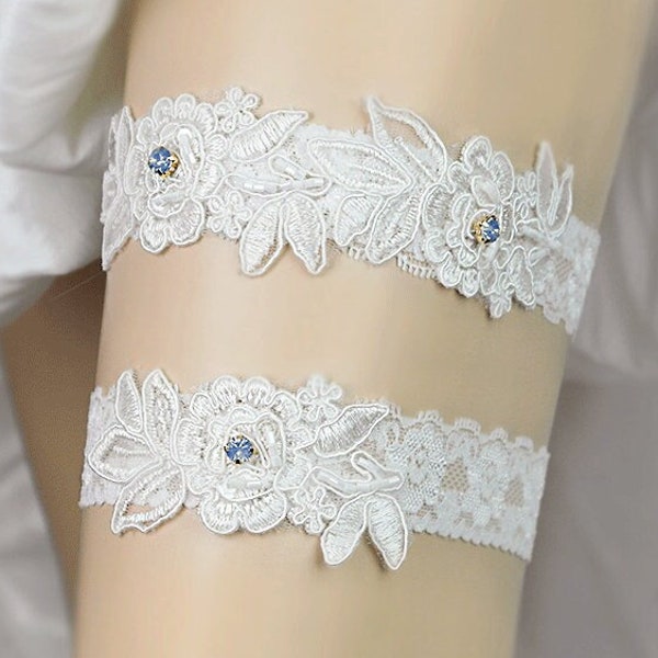 Something Blue garter ,Light Ivory  Beaded Lace Wedding Garter Set ,Toss Garter ,Keepsake Garter,Handmade-GT047