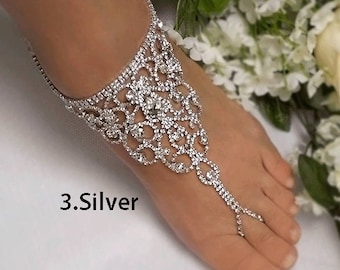 Wedding Barefoot Sandals, Bridal Foot Jewelry, Silver Plated Rhinestone Foot Jewelry, Footless Sandal, Wedding Beach Sandals-SD013