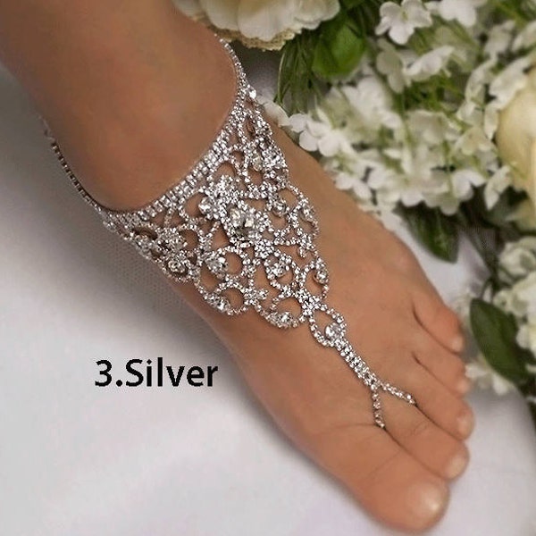 Wedding Barefoot Sandals, Bridal Foot Jewelry, Silver Plated Rhinestone Foot Jewelry, Footless Sandal, Wedding Beach Sandals-SD013