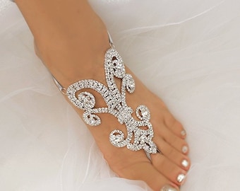 Wedding Barefoot Sandals,Vintage Bridal Foot Jewelry,Silver,Rose Gold,Gold Rhinestone Foot Jewelry,Bridesmaid Footless Sand -SD003