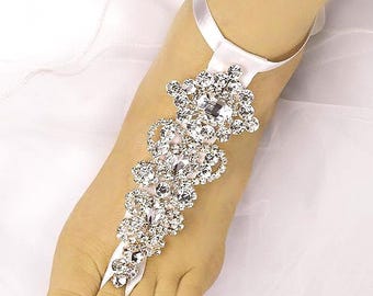 Rose Gold Rhinestone Barefoot Sandals, Beach Wedding Foot Jewelry