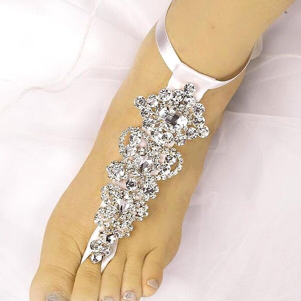 Rose Gold Rhinestone Barefoot Sandals, Beach Wedding Foot Jewelry