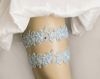 Light Blue Beaded Lace Wedding Garter Set, Crystal Garter,Bridal Garter Set,Keepsake Garter, Toss Garter, Customizable Handmade-GT046
