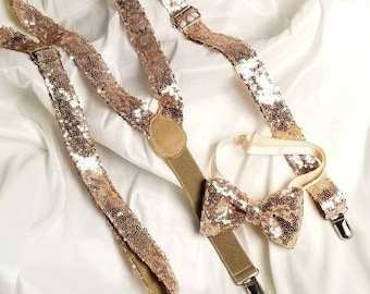 Bow Tie & Suspenders SET.Rose Gold Sequins bow tie,Suspenders, Rose Gold glitter,Kid bow tie, Color Sequins Suspenders ,Hand made