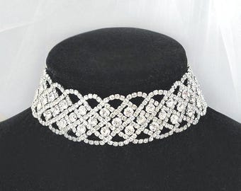Silver Rhinestone Choker Necklace, Bridal Crystal Collar
