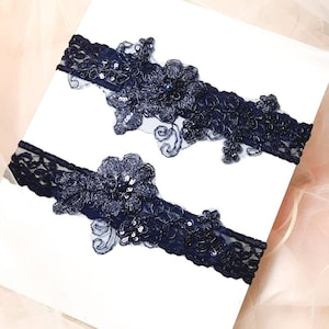 Vintage Navy Wedding Garter,Bridal Garter Set, Navy Beaded Lace Band Garter,Keepsake Garter, Toss Garter,Plus size , Handmade-GT049