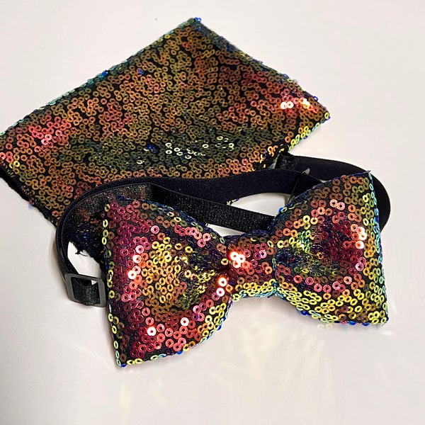 Iridescent Multicolor Sequin bow tie, glitter bow tie,Pocket Square, Kid bow tie, Color Sequin bow tie, Hand made