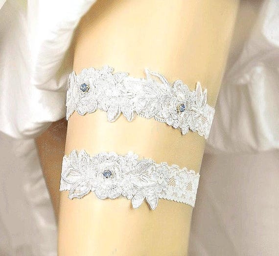 Light Ivory Beaded Lace Wedding Garter Set, Something Blue
