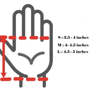 May include: Diagram showing how to measure your hand circumference for glove sizing.  The image shows a hand with red lines indicating where to measure.  The text below the hand reads: S: 3.5 - 4 inches, M: 4 - 4.5 inches, L: 4.5 - 5 inches.