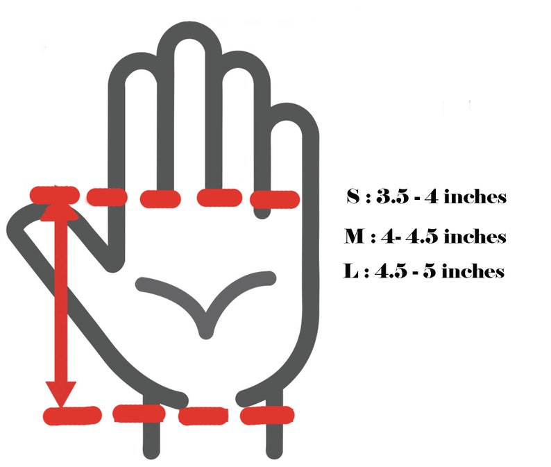 May include: Diagram showing how to measure your hand circumference for glove sizing.  The image shows a hand with red lines indicating where to measure.  The text below the hand reads: S: 3.5 - 4 inches, M: 4 - 4.5 inches, L: 4.5 - 5 inches.