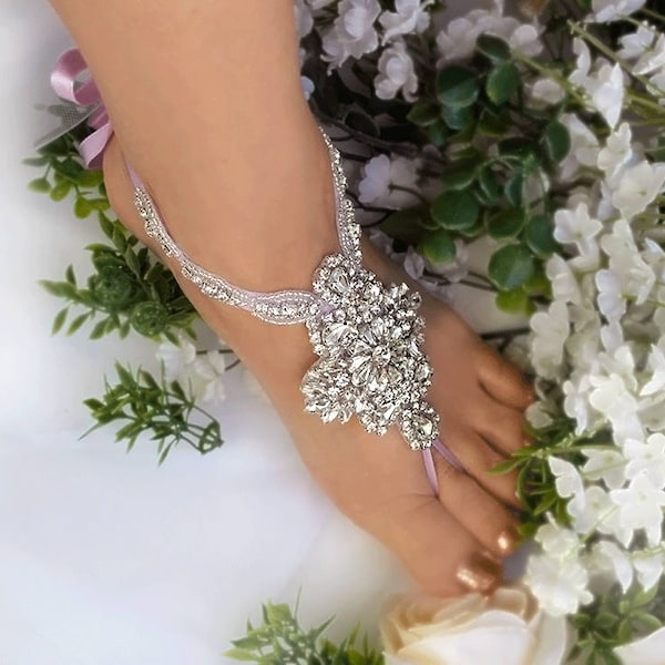 Vintage Foot Jewelry, Lavender Wedding Barefoot Sandals, Bridal Foot Jewelry, Silver Rhinestone Foot Jewelry, Footless Sandal- FT005