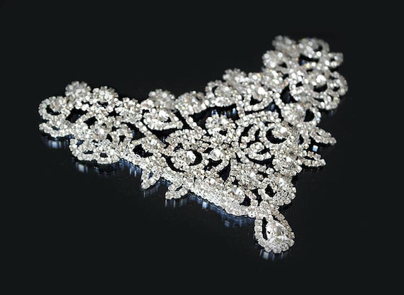 Diamond Shape Silver Beaded Applique with Clear Rhinestones and