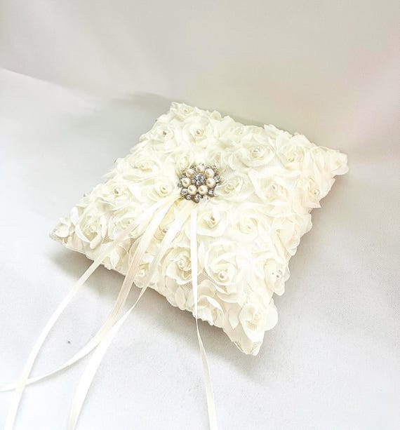 Ivory 3D Rose Wedding Ring Pillow, Pearl Rhinestone Applique