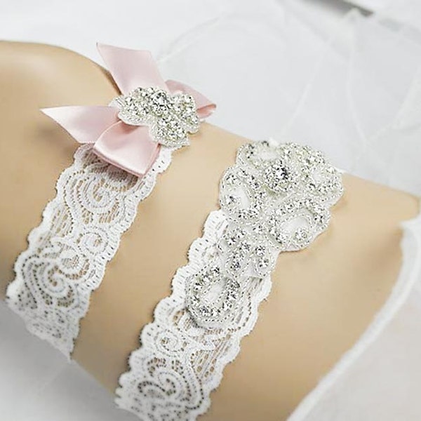 Rhinestone Wedding Garter, Crystal Garter Set,Off White Lace band Bridal Garter, Wedding Garter, Keepsake and Toss Garter Set-GT005