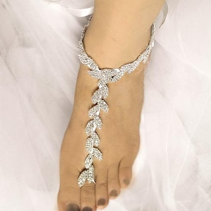 Wedding Barefoot Sandals, Leaves Chain Bridal Foot Jewelry, Rose Gold,Silver,Gold, Rhinestone Foot Jewelry, Footless Sandal-SD007