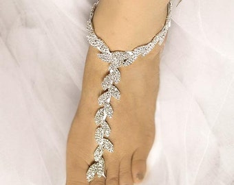 Wedding Barefoot Sandals, Leaves Chain Bridal Foot Jewelry, Rose Gold,Silver,Gold, Rhinestone Foot Jewelry, Footless Sandal-SD007