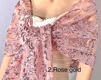 Rose Gold Sequins Embroidered Lace Shawl, Sequins Bridal Wrap, Bridal Wedding Scarf, Lace Bridesmaid Shawl,Party Dress Cover up-SF0010