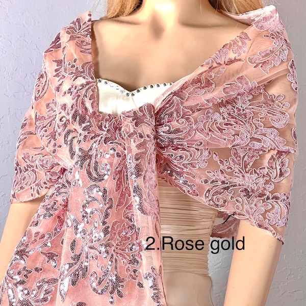 Rose Gold Sequins Embroidered Lace Shawl, Sequins Bridal Wrap, Bridal Wedding Scarf, Lace Bridesmaid Shawl,Party Dress Cover up-SF0010