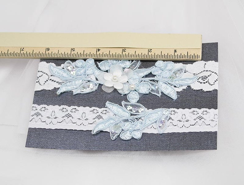 Light Blue Beaded Lace Wedding Garter Set , Keepsake Garter, Toss Garter, Customizable Handmade-GT029 image 5