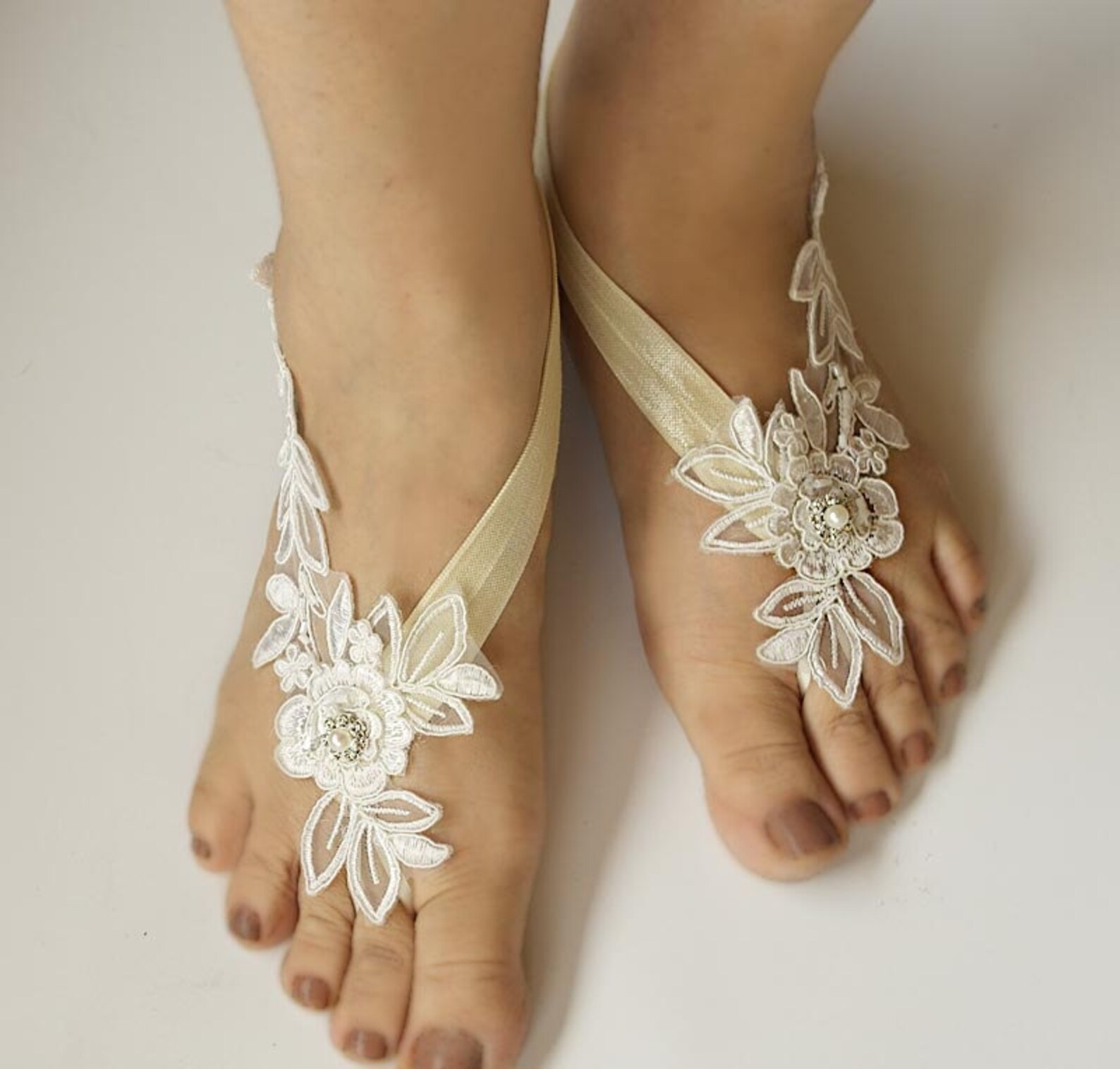 Light Ivory Beaded Lace Wedding Barefoot Sandals Bridal Foot | Etsy
