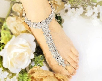 Rose Gold Rhinestone Barefoot Sandals, Crystal Bridal Foot Jewelry