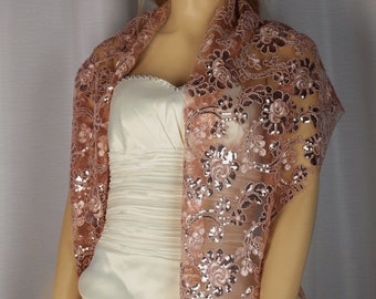 Rose Gold Sequins Embroidered Lace Shawl,Black Bridal Wrap, Bridal Wedding Scarf, Lace Bridesmaid Shawl,Party Dress Cover up-SF008