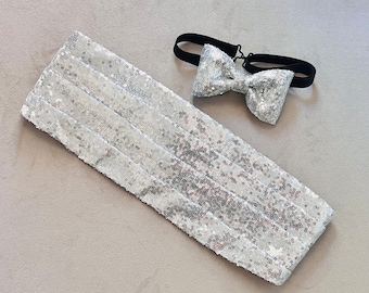 Wedding Cummerbund, Men's Formal Sequins Tuxedo Set  Adjustable Bow tie, Cummerbund, Handkerchief, Prom Accessories ,Handmade