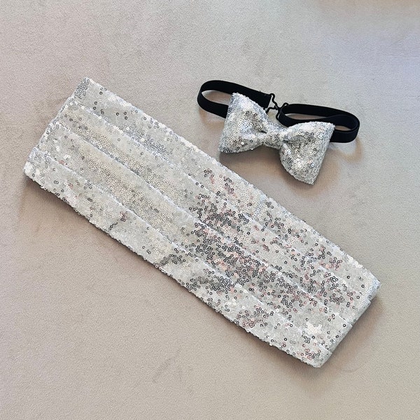 Wedding Cummerbund, Men's Formal Sequins Tuxedo Set  Adjustable Bow tie, Cummerbund, Handkerchief, Prom Accessories ,Handmade