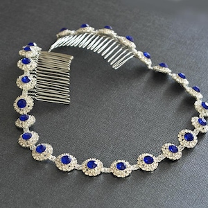 Wedding Royal blue Rhinestone  headpiece, Silver Wedding Headband, Rhinestone Headband, Hair Tiara, Bridesmaid, Hair Accessory-HA009