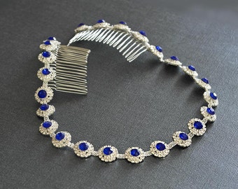 Royal Blue Rhinestone Wedding Headband, Silver Hair Tiara