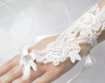 Wedding Gloves, Rhinestone Bridal Gloves, Beaded Pearls White Lace Fingerless Gloves, Accessories, Bracelet, A pair style- GL001