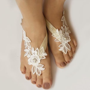 Light Ivory Beaded Lace Wedding Barefoot Sandals Bridal Foot - Etsy
