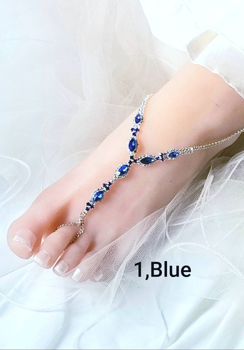 Blue Wedding Rhinestone Barefoot Sandals, Bridal Foot Jewelry,Silver Plated Rhinestone Foot Jewelry,Red Footless Sandal-SD052 1, blue