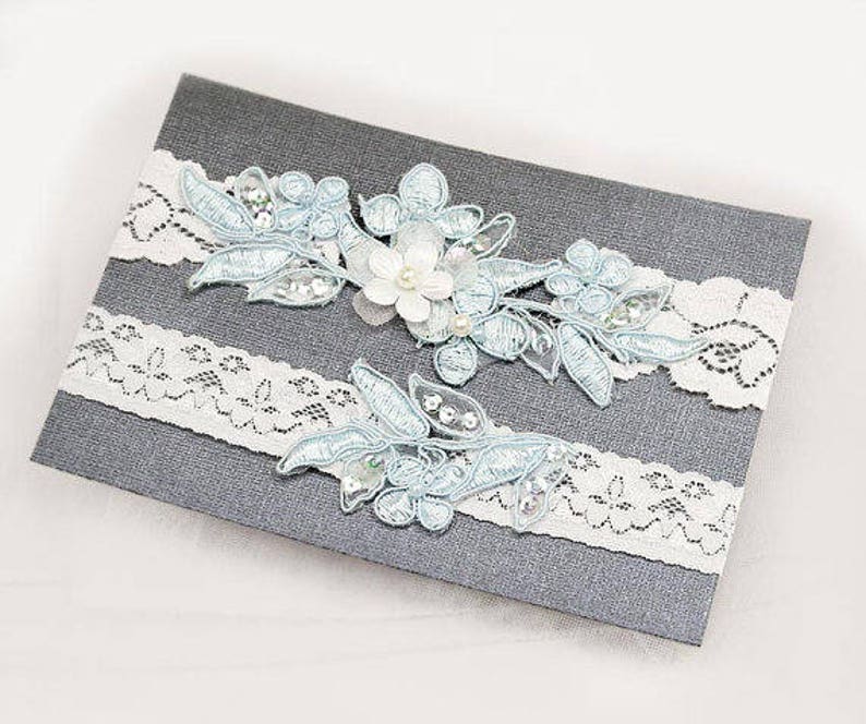 Light Blue Beaded Lace Wedding Garter Set , Keepsake Garter, Toss Garter, Customizable Handmade-GT029 image 1