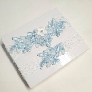Light Blue Beaded Lace Wedding Garter Set , Keepsake Garter, Toss Garter, Customizable Handmade-GT029 image 2