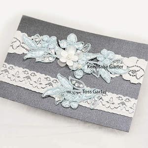 Light Blue Beaded Lace Wedding Garter Set , Keepsake Garter, Toss Garter, Customizable Handmade-GT029 image 4