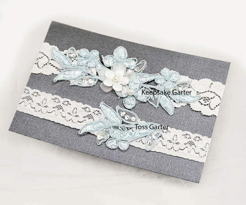 Light Blue Beaded Lace Wedding Garter Set , Keepsake Garter, Toss Garter, Customizable Handmade-GT029 image 4