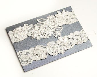 Light Ivory Beaded Lace Wedding Garter Set, Floral Keepsake, Handmade