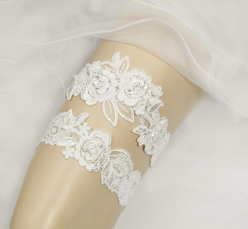 Light Ivory Beaded Lace Wedding Garter,One Piece Lace Garter,Keepsake Garter, Toss Garter, Customizable Handmade-GT024-1 image 3