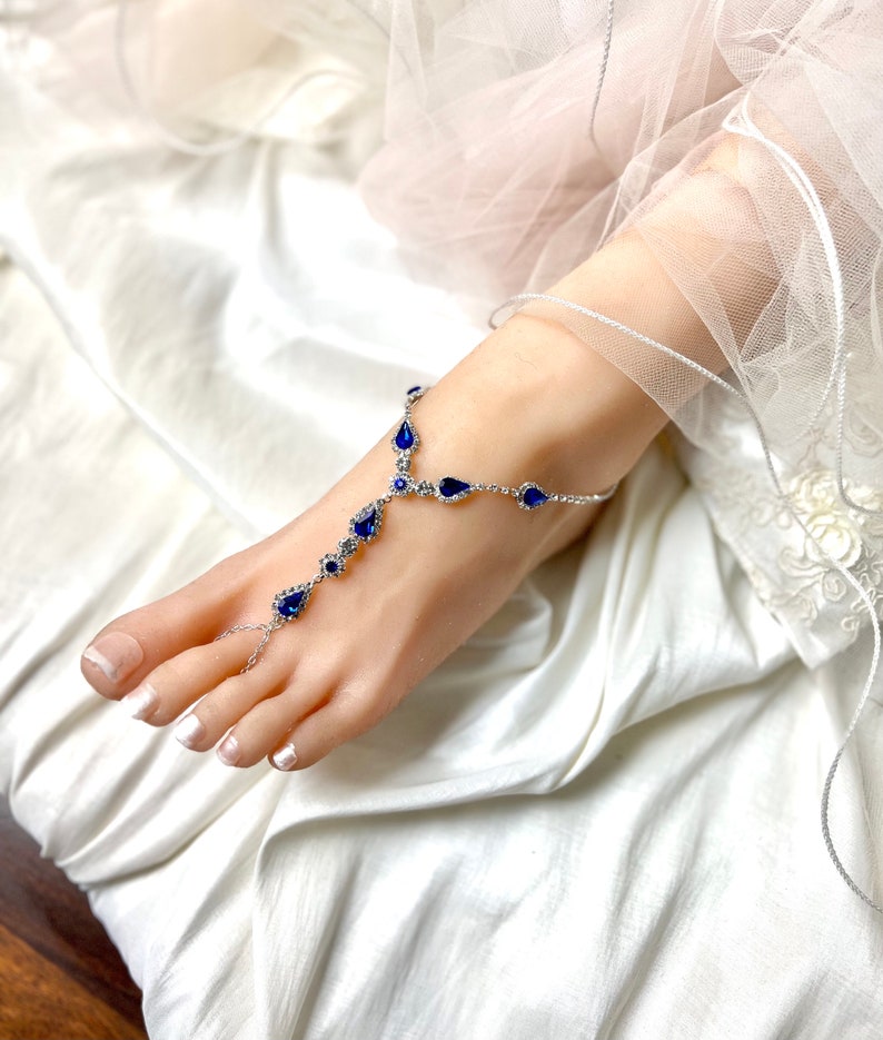 Blue Wedding Rhinestone Barefoot Sandals, Bridal Foot Jewelry,Silver Plated Rhinestone Foot Jewelry,Red Footless Sandal-SD052 image 4