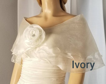 Vintage Ivory Organza Wedding Shawl with Fabric Flower