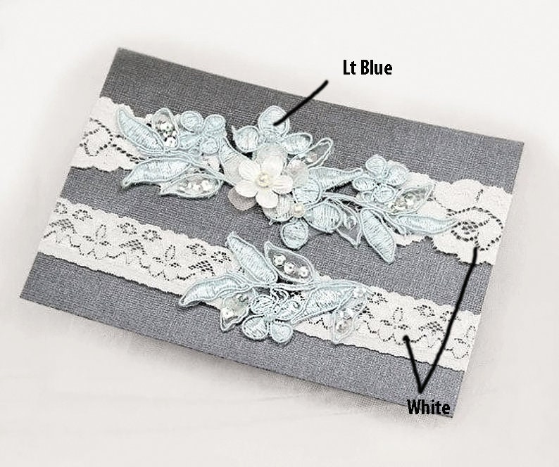 Light Blue Beaded Lace Wedding Garter Set , Keepsake Garter, Toss Garter, Customizable Handmade-GT029 image 6