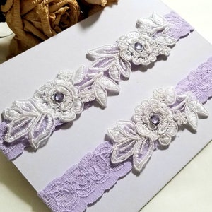 Lavender Lace Wedding Garter Set ,Rhinestone Lace Garter Set,Vintage Floral Applique, Toss Garter , Keepsake Garter,Handmade-GT036