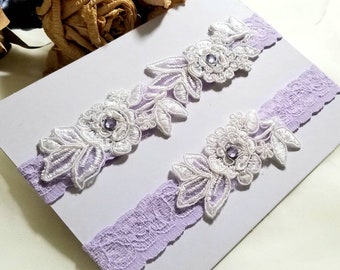Lavender Lace Wedding Garter Set ,Rhinestone Lace Garter Set,Vintage Floral Applique, Toss Garter , Keepsake Garter,Handmade-GT036