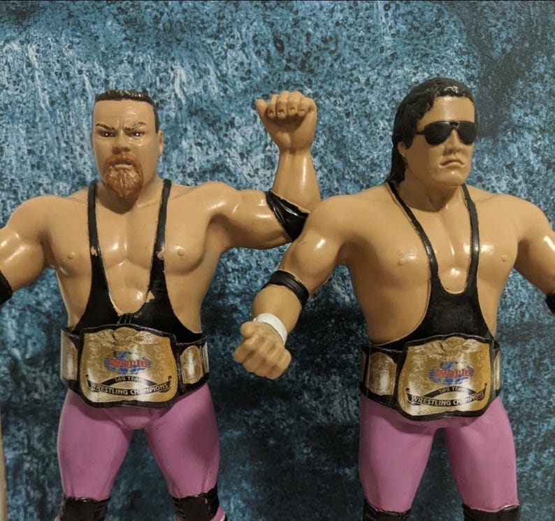 Pu&ograve; includere: Due action figure di lottatori, ognuna con un body nero, pantaloni rosa e una cintura da campione. Una figura ha la barba, l'altra indossa occhiali da sole. Le cinture riportano "Wrestling Champions".