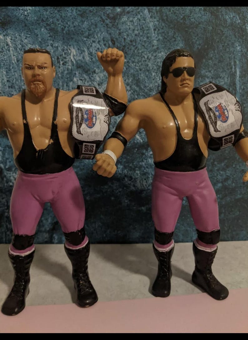 Pu&ograve; includere: Due action figure di lottatori, ognuna con canottiere nere, collant rosa e stivali neri. Tengono cinture da campionato. Una figura ha la barba e l'altra indossa occhiali da sole.