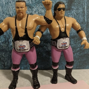 Pu&ograve; includere: Due action figure di lottatori. Indossano canottiere nere, pantaloni rosa e stivali neri. Ogni figura ha una cintura da campione. Una figura ha la barba e l'altra indossa occhiali da sole. Le figure sono in posa con un braccio alzato.
