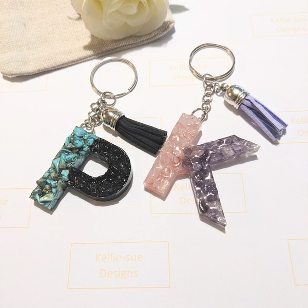 Gemstone keyring. Personalised crystal keychain. Personalised gift ideas. Natural healing stones. Letter keyring. Keychain. Rose quartz.