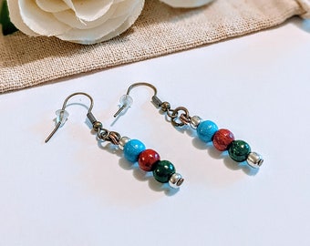 Wooden drop earrings, green, Red and blue earrings, beaded earrings, wooden jewelry, dainty earrings, gift ideas, colourful earrings,